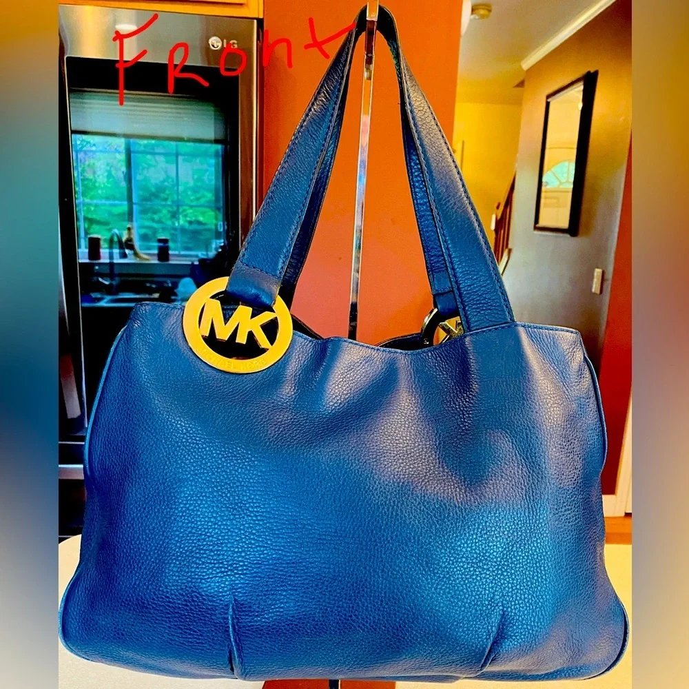 MICHAEL KORS Fulton Blue Pebble Leather Gold MK Logo Hobo Shoulder Bag, EUC